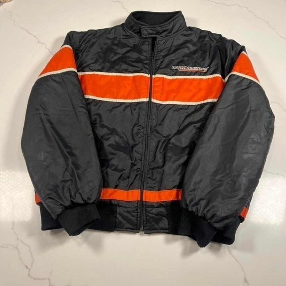 Harley Davidson Racing Jacket Mens XL Black Orange Bomber Embroidered Logo